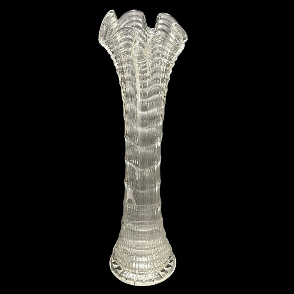 Antique 1910s Imperial Glass Clear Ripple & Ribbon Pattern Swung Vase 10.5"